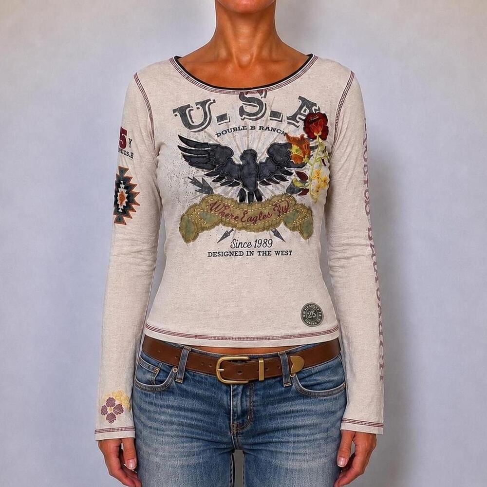 RARE Double D Ranch Western Embroidered Beaded Fitted Long Sleeve Tee USA Sz XS